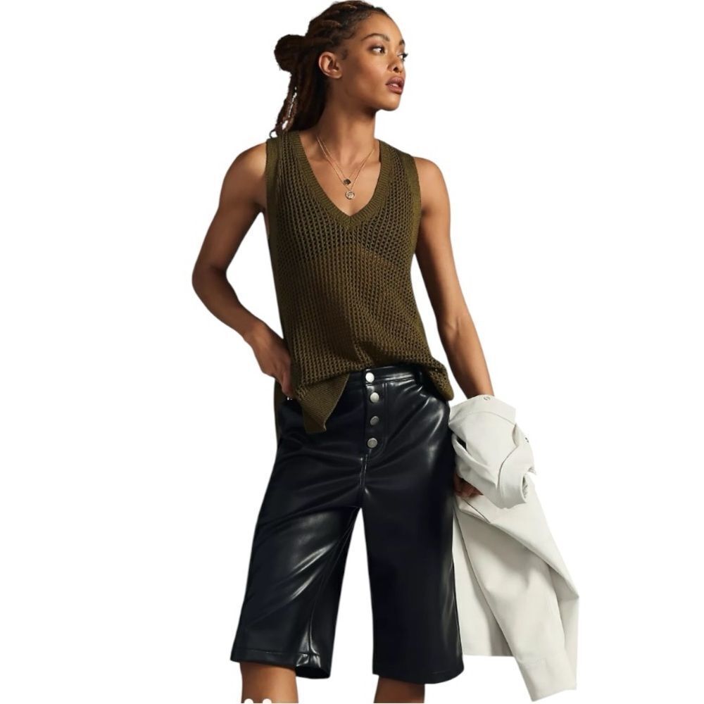 Maeve by Anthropologie Open Stitch Olive Green Knit Sleeveless Sweater Tank sz M
